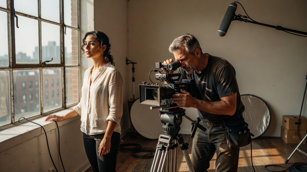 A camera operator framing a performer beside a naturally lit window on a small film set