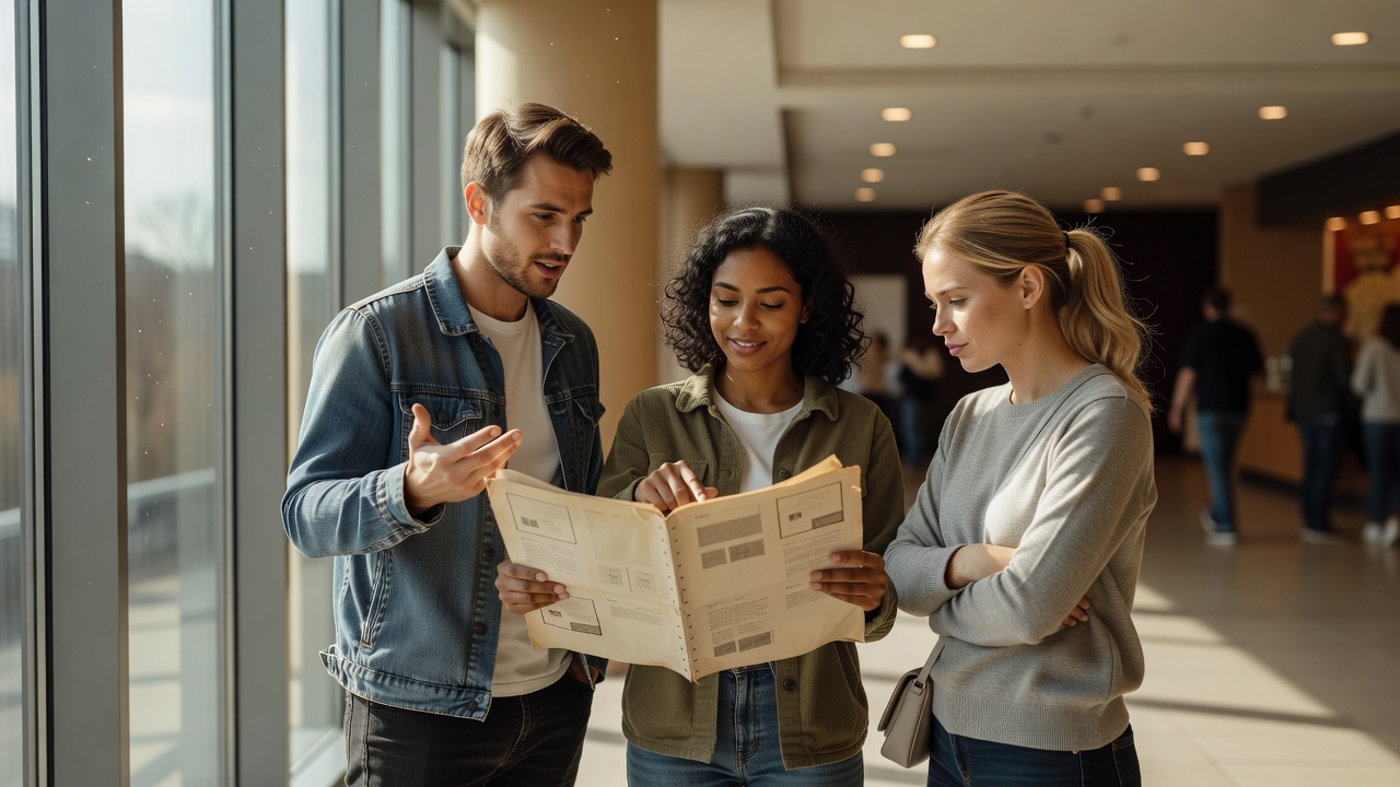 Friends discussing a printed cinema programme beside a bright foyer window