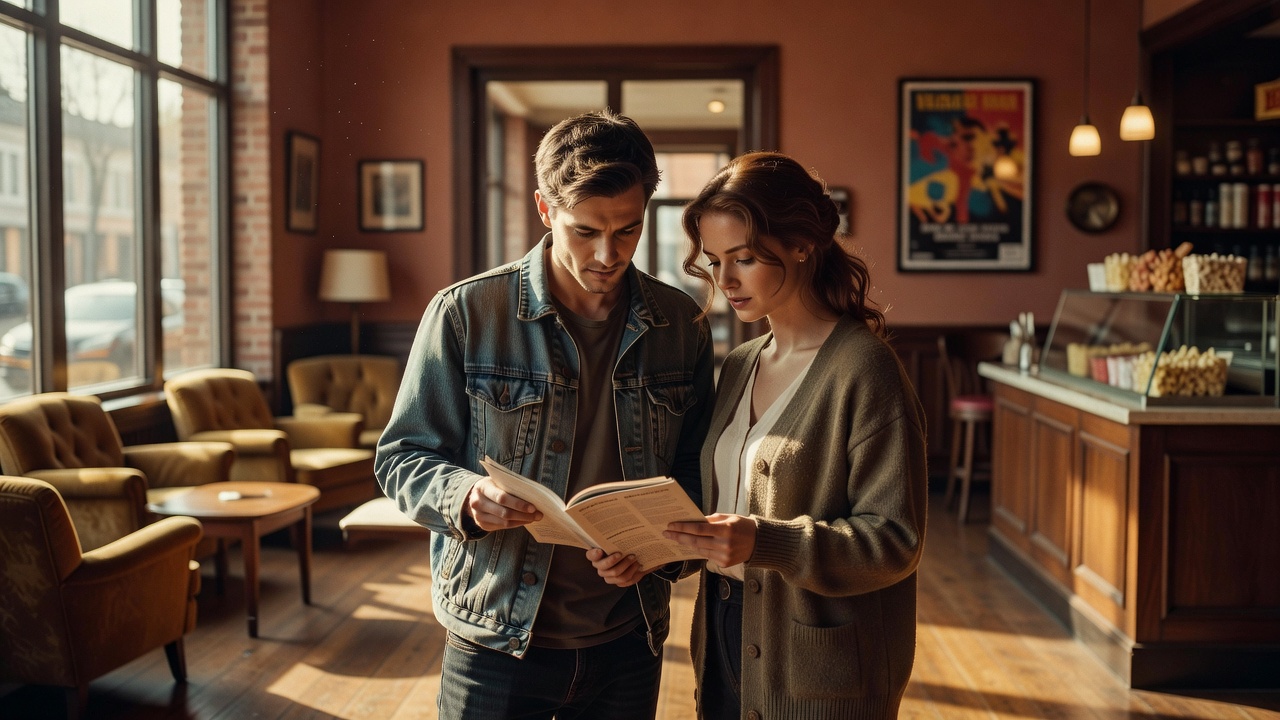 Two viewers browsing a programme in a sunlit independent cinema foyer; an illustrative cinema photograph