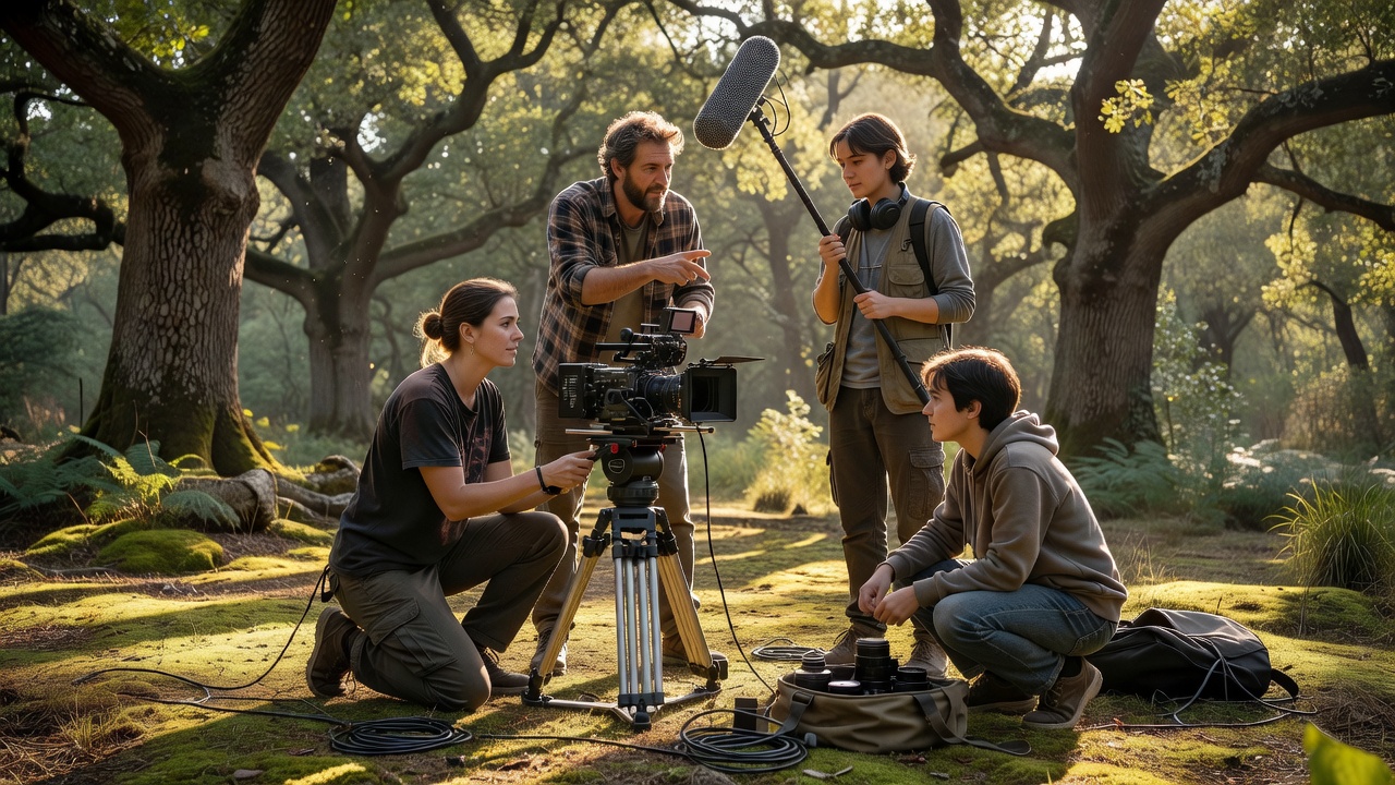 A small filmmaking team discussing a camera setup on a naturally lit location; not a photograph of the directors profiled